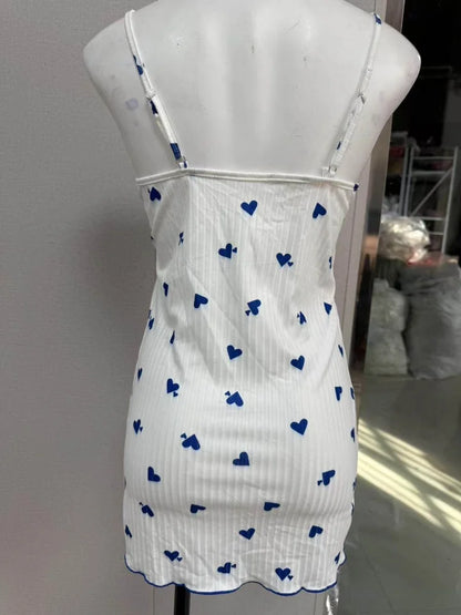 Womens Lace Trim Nightdress Heart Print Cami Sleepwear Bow Nightie - QHA UK