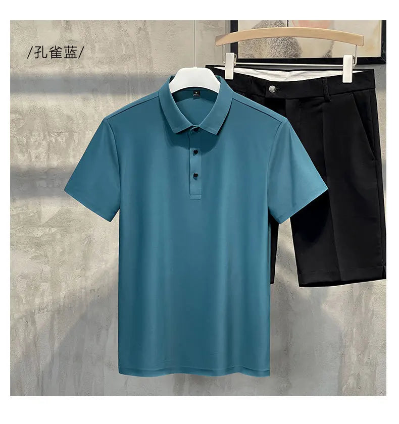 Seamless High-end Polo Shirt for Men's Business Thin Half Sleeved Solid Lapel Short Sleeved Men's Shirt Polo Shirt - QHA UK