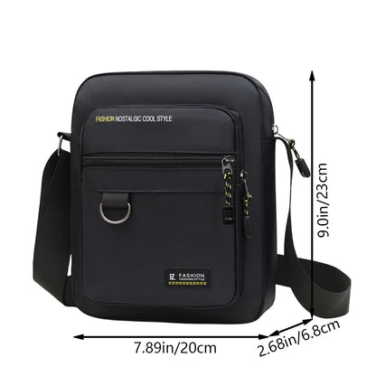 Mens Water-Resistant Nylon Crossbody Satchel Bag with Multi-Pockets - Black