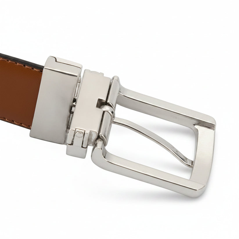 Brown belt with silver buckle on a white background