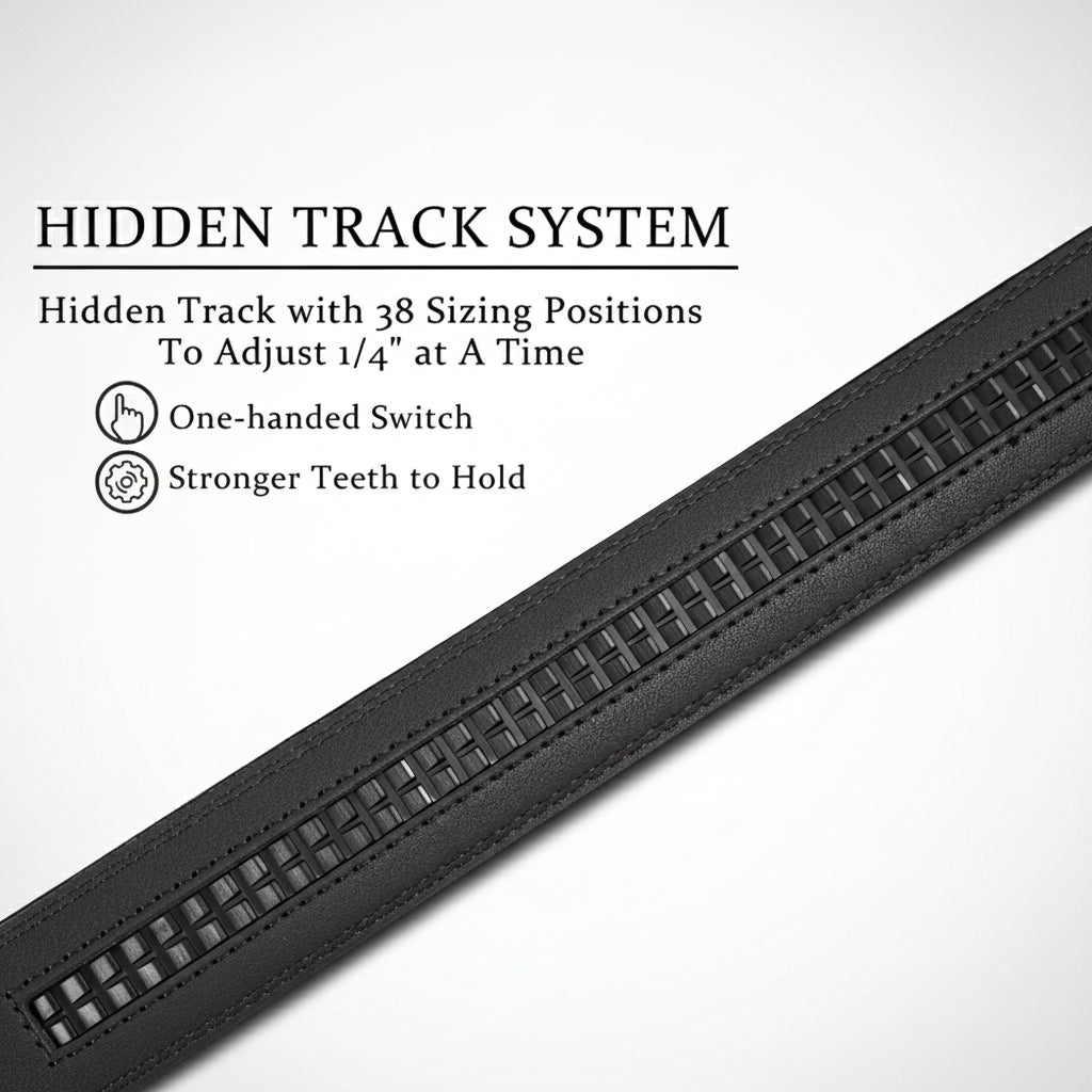Black zipper with text detailing features on a white background