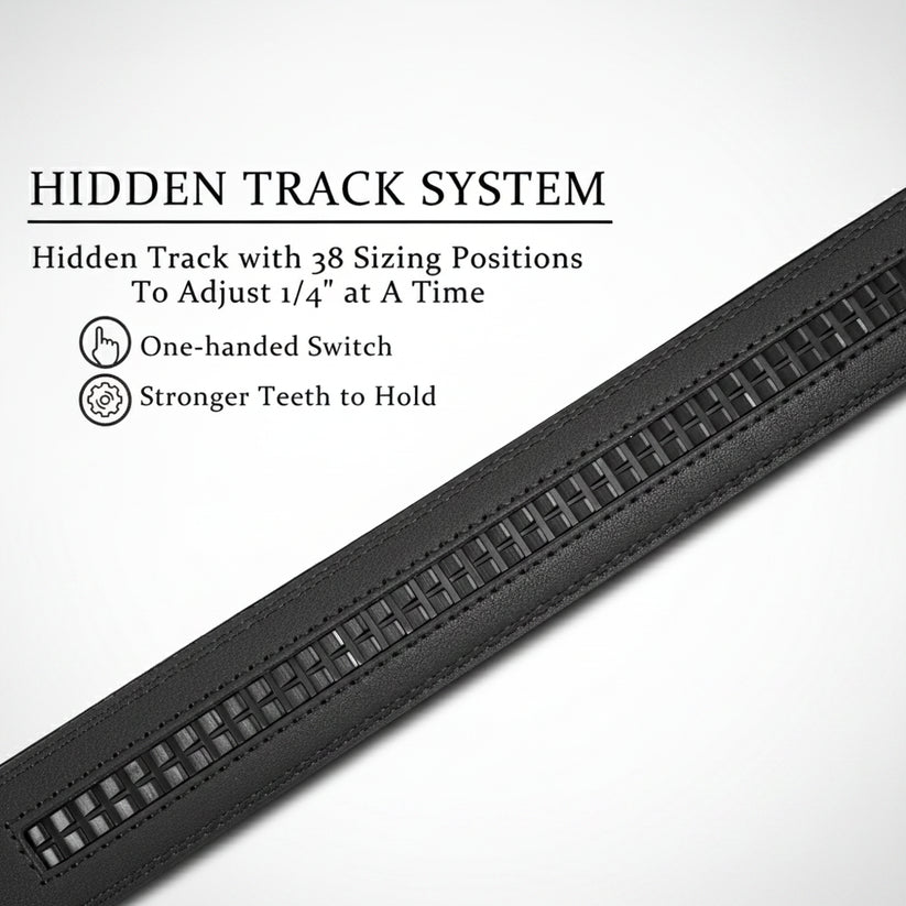 Black zipper with text detailing features on a white background