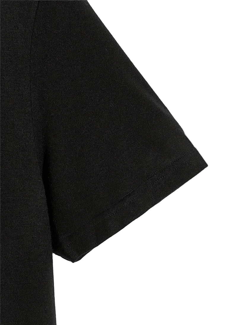 Close-up of a black t-shirt sleeve on a white background