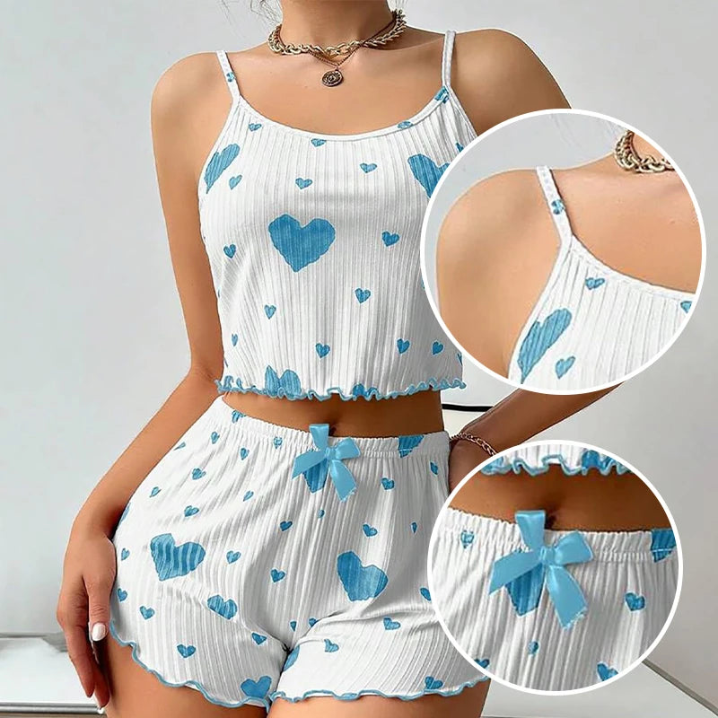 Women Love Print Pyjama Set Soft Cami Shorts Summer Nightwear UK - QHA UK