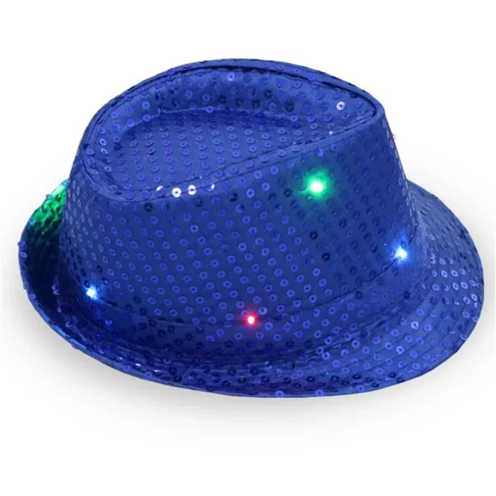LED Sequin Fedora Hat & Glowing Necktie Set – Light-Up Festival & Party Accessories for Kids & Adults
