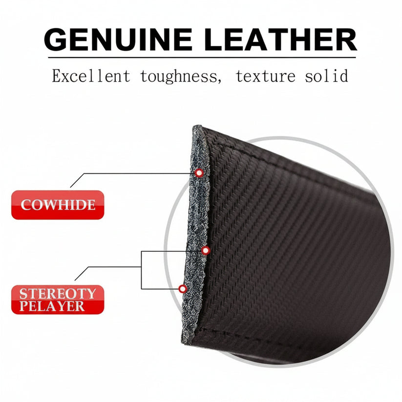Genuine leather sample with text highlighting toughness and texture on a white background
