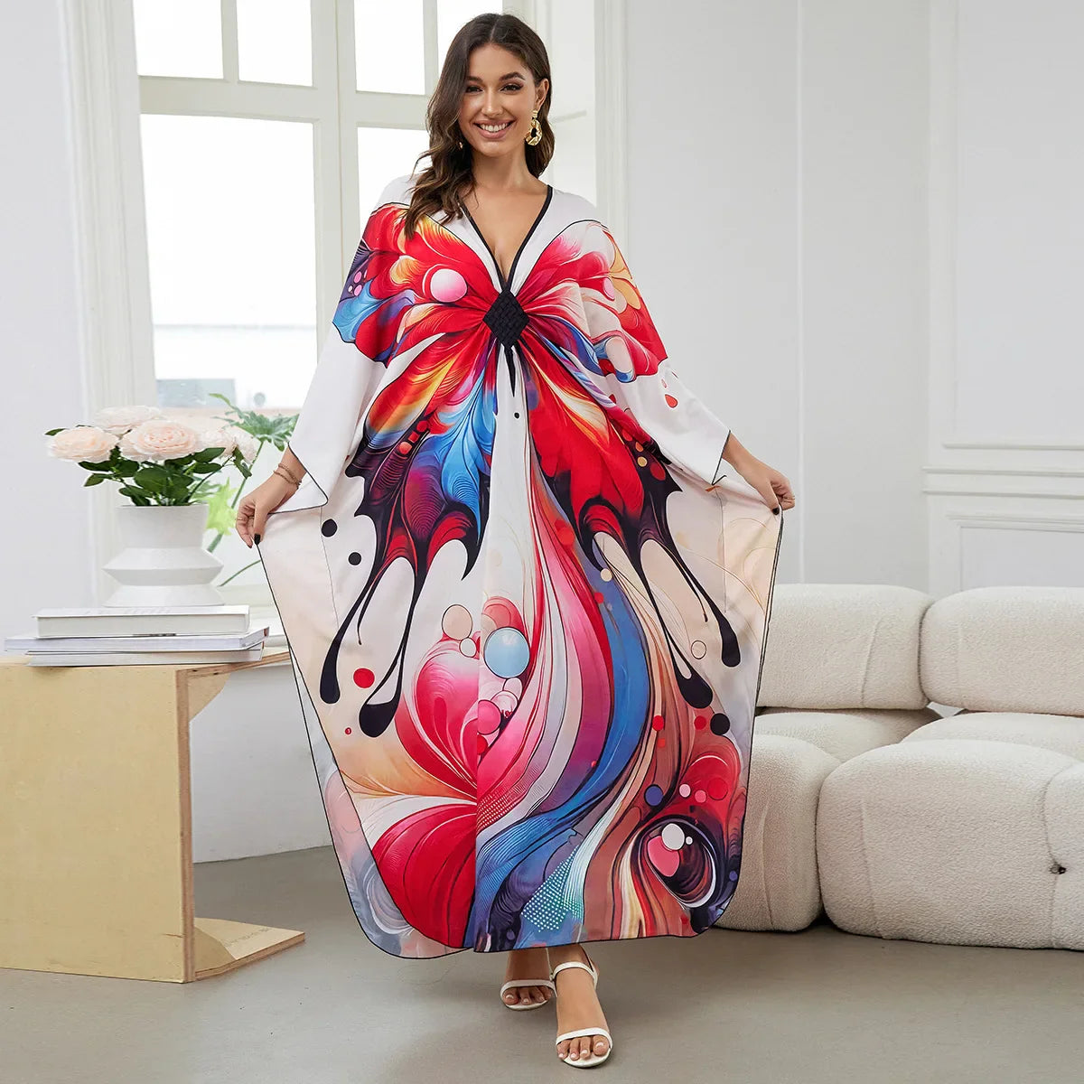 2.Maxi Kaftan Beach Dresses for Women – Artistic Summer Robe with Bold Prints