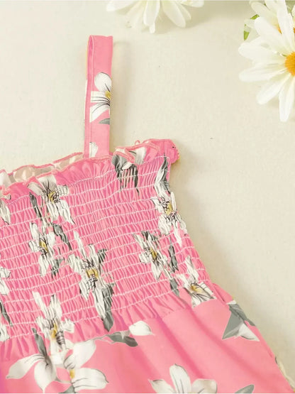 Girls' Pink Lily Print Wide-Leg Jumpsuit Suspender Ages 4-7