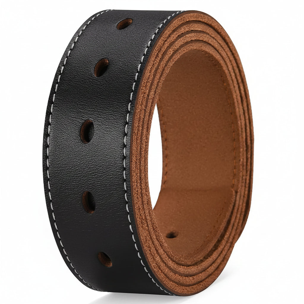 Black and brown leather belt with visible stitching on a white background