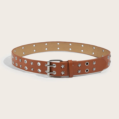 Brown belt with star-shaped studs on a beige background