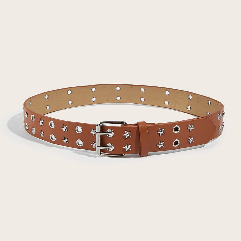 Brown belt with star-shaped studs on a beige background