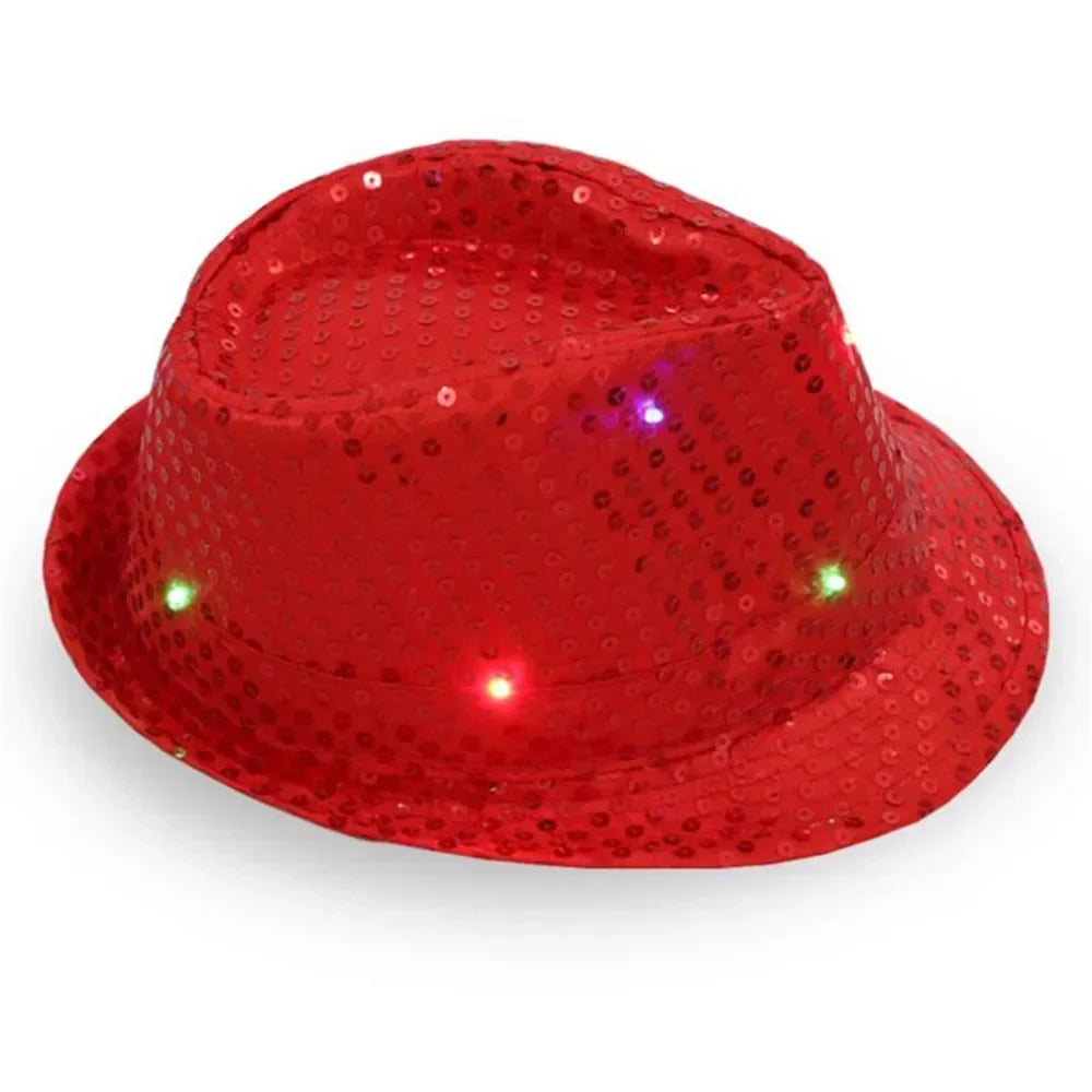 LED Sequin Fedora Hat & Glowing Necktie Set – Light-Up Festival & Party Accessories for Kids & Adults