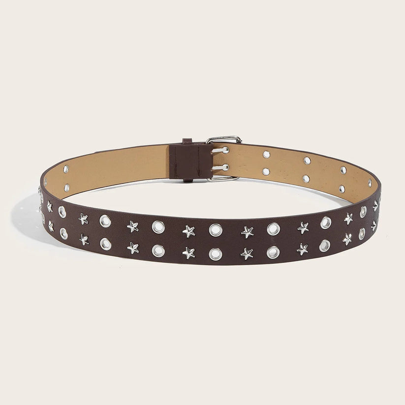 Brown belt with star and circle patterns on a beige background