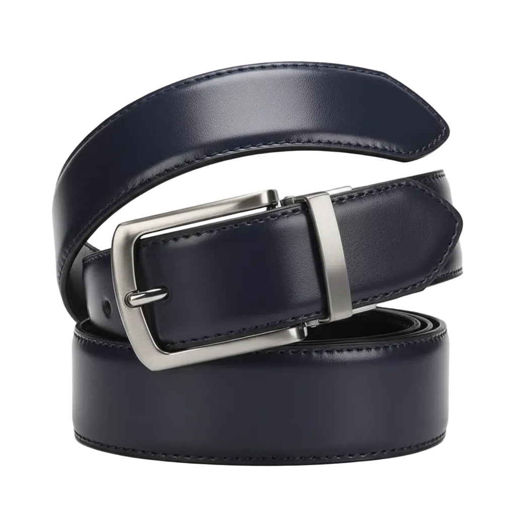 Black leather belt with silver buckle on a white background