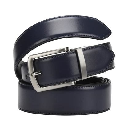 Black leather belt with silver buckle on a white background