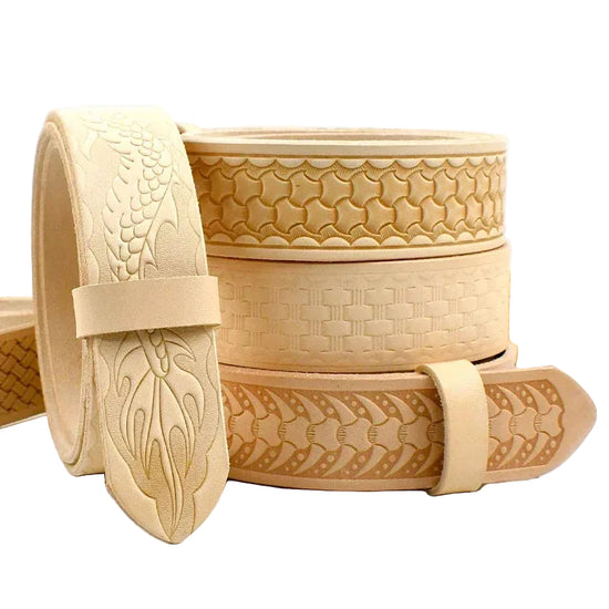 Decorative beige leather belts with intricate patterns on a white background, featuring the brand 'Deepeel'.