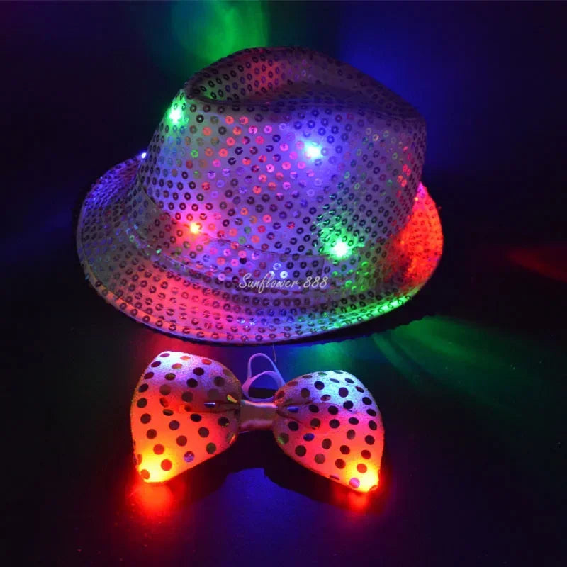 LED Sequin Fedora Hat & Glowing Necktie Set – Light-Up Festival & Party Accessories for Kids & Adults