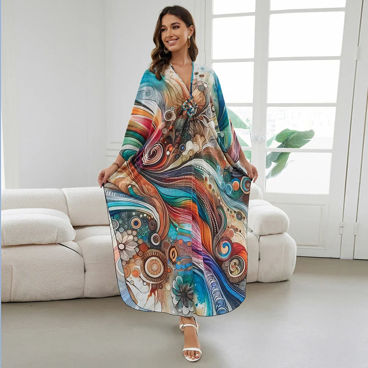 1. Maxi Kaftan Beach Dresses for Women – Artistic Summer Robe with Bold Prints