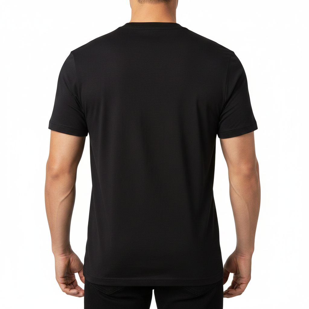 Black t-shirt on a hanger with a white background