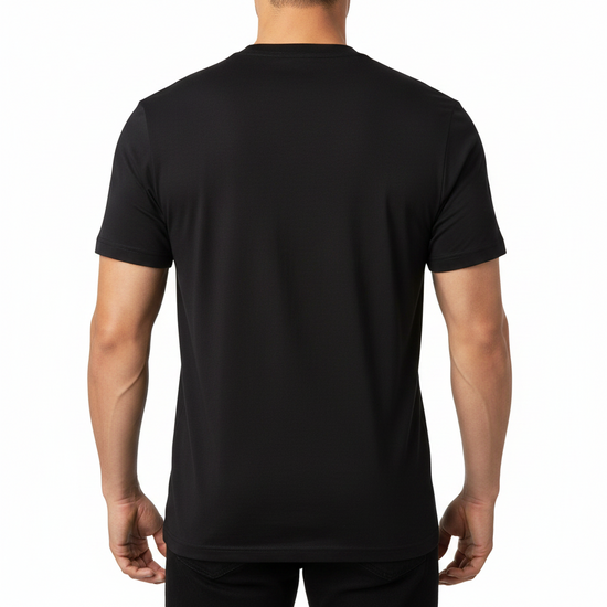Black t-shirt on a hanger with a white background