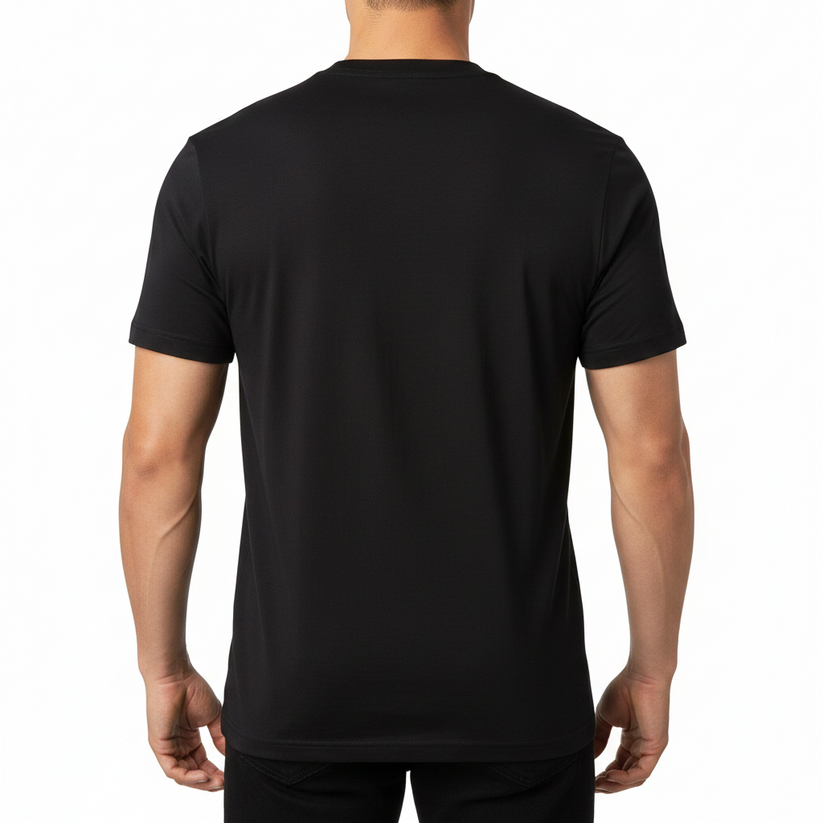 Black t-shirt on a hanger with a white background