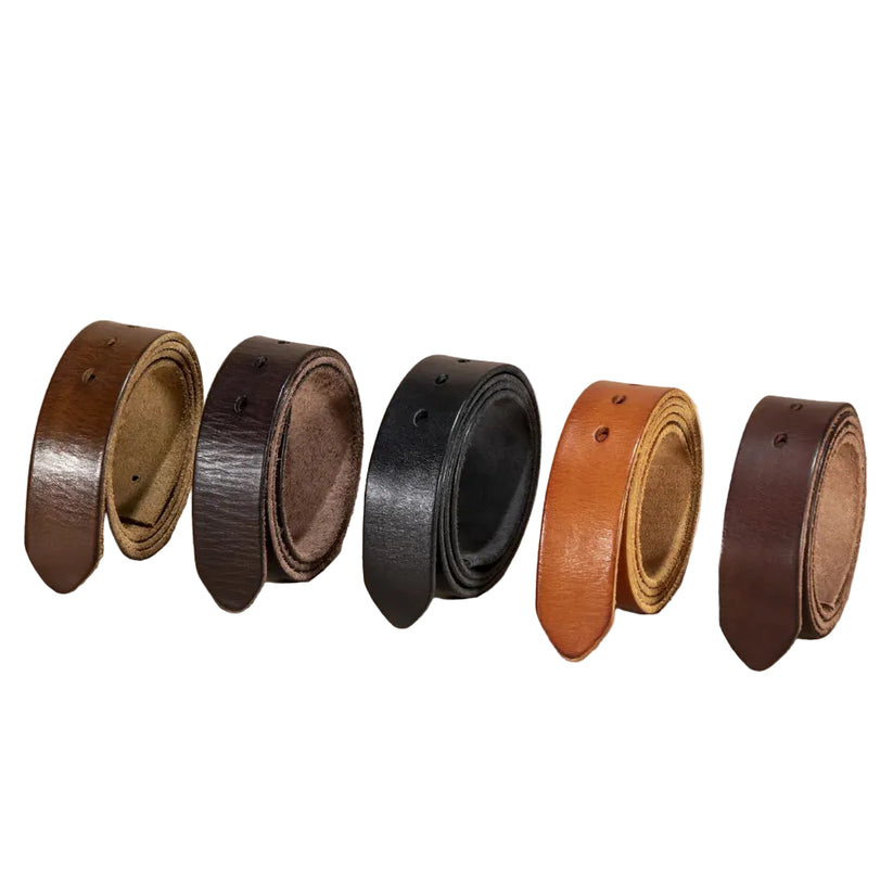 Five leather belts in different colors are arranged in a row on a plain beige background. The belts include shades of brown, black, and tan/caramel, and are shown rolled up to display both the exterior and interior.