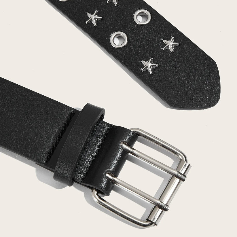 Black leather belt with silver studs and buckle on a light gray background