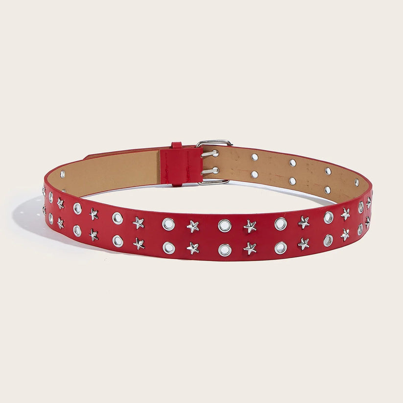 Red belt with star and dot patterns on a beige background