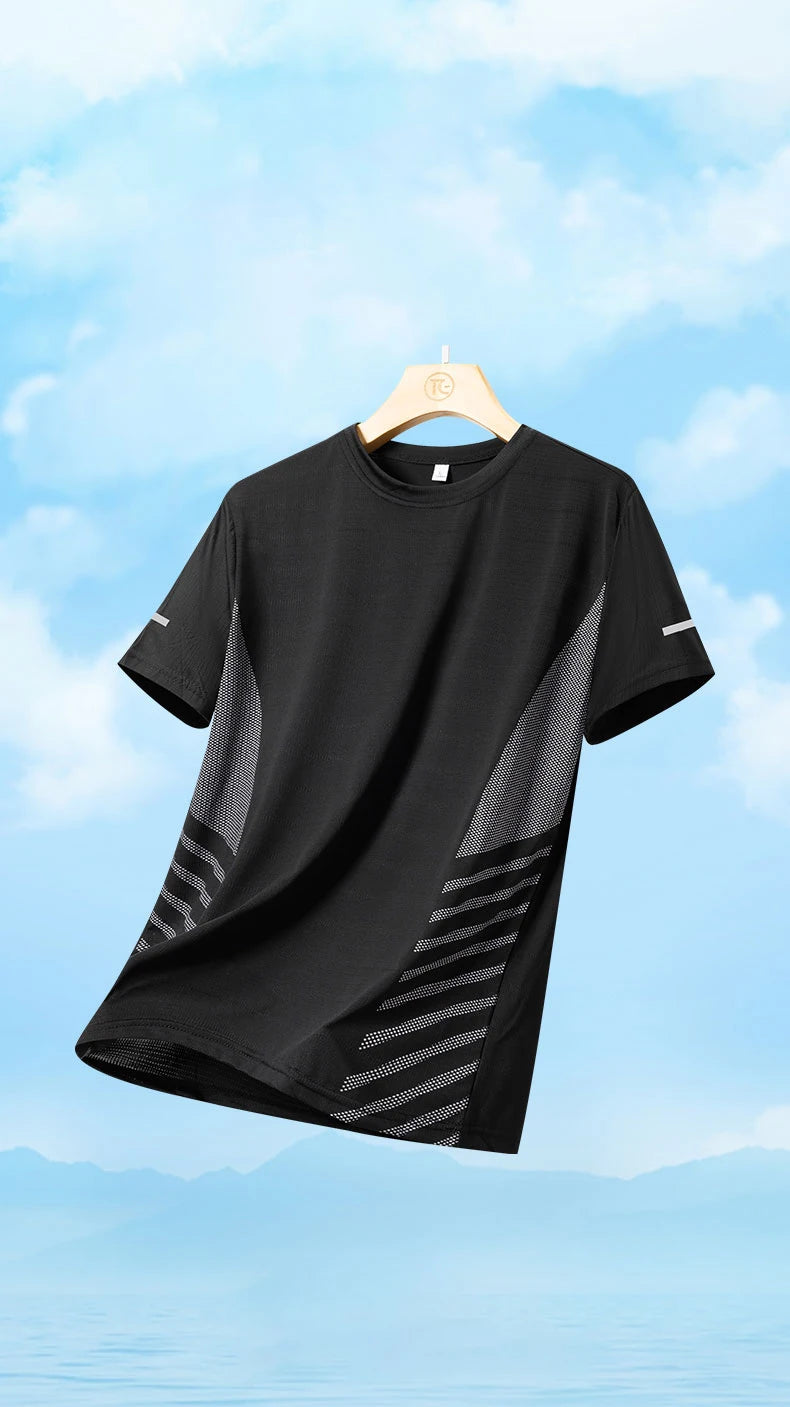 Mens Quick Dry Summer Running T-Shirt Ice Silk Breathable Reflective Gym Top