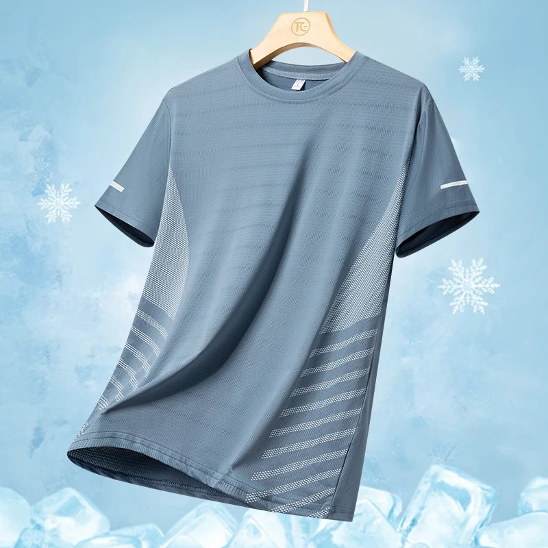 Mens Quick Dry Summer Running T-Shirt Ice Silk Breathable Reflective Gym Top