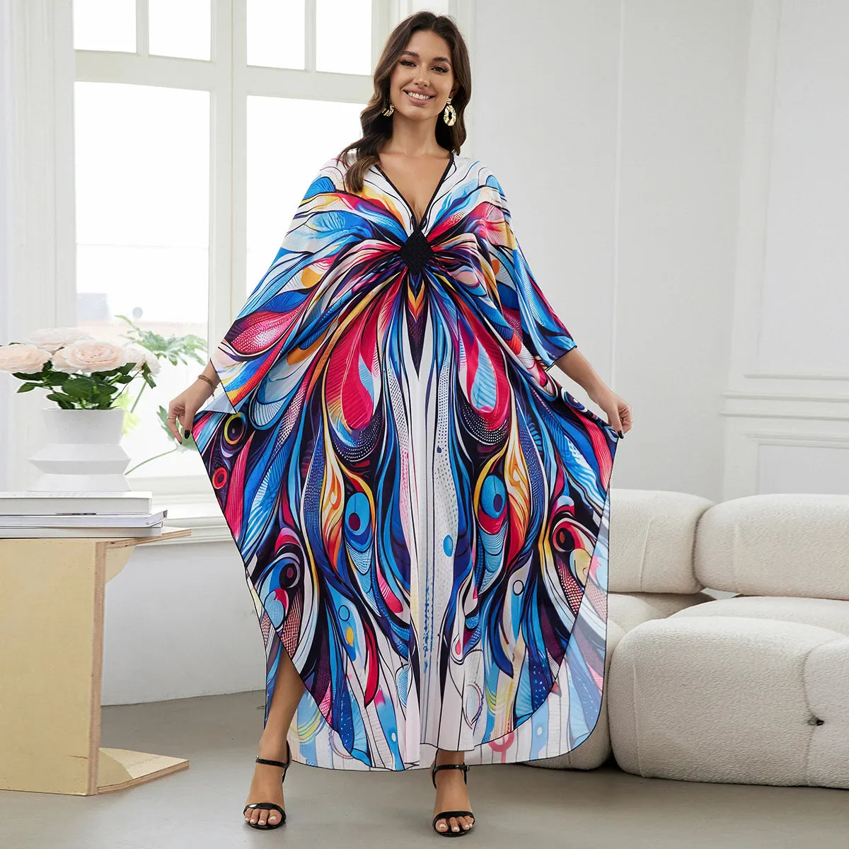 2.Maxi Kaftan Beach Dresses for Women – Artistic Summer Robe with Bold Prints