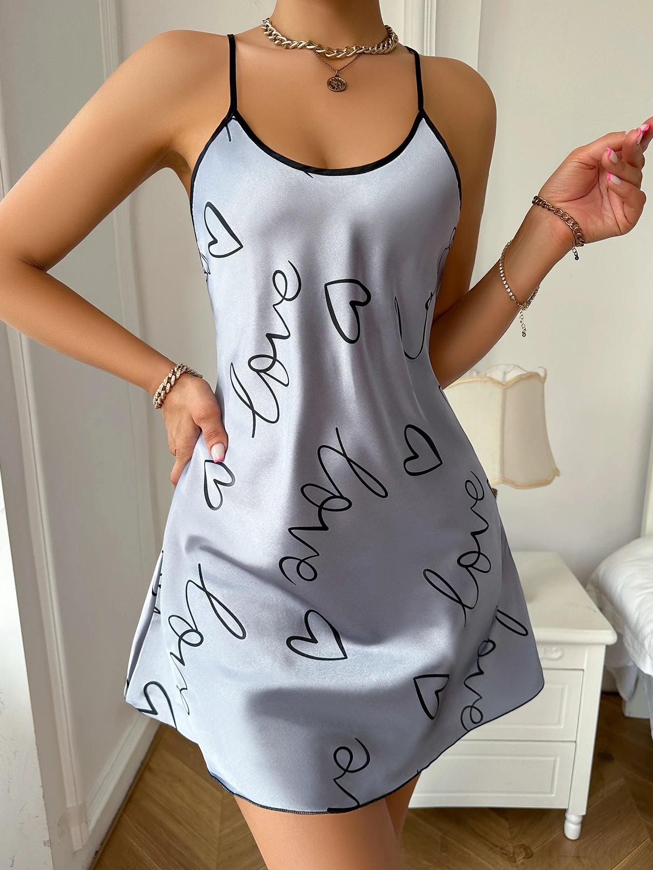 Womens Heart Print Nightdress Spaghetti Strap Casual Sleep Dress - QHA UK