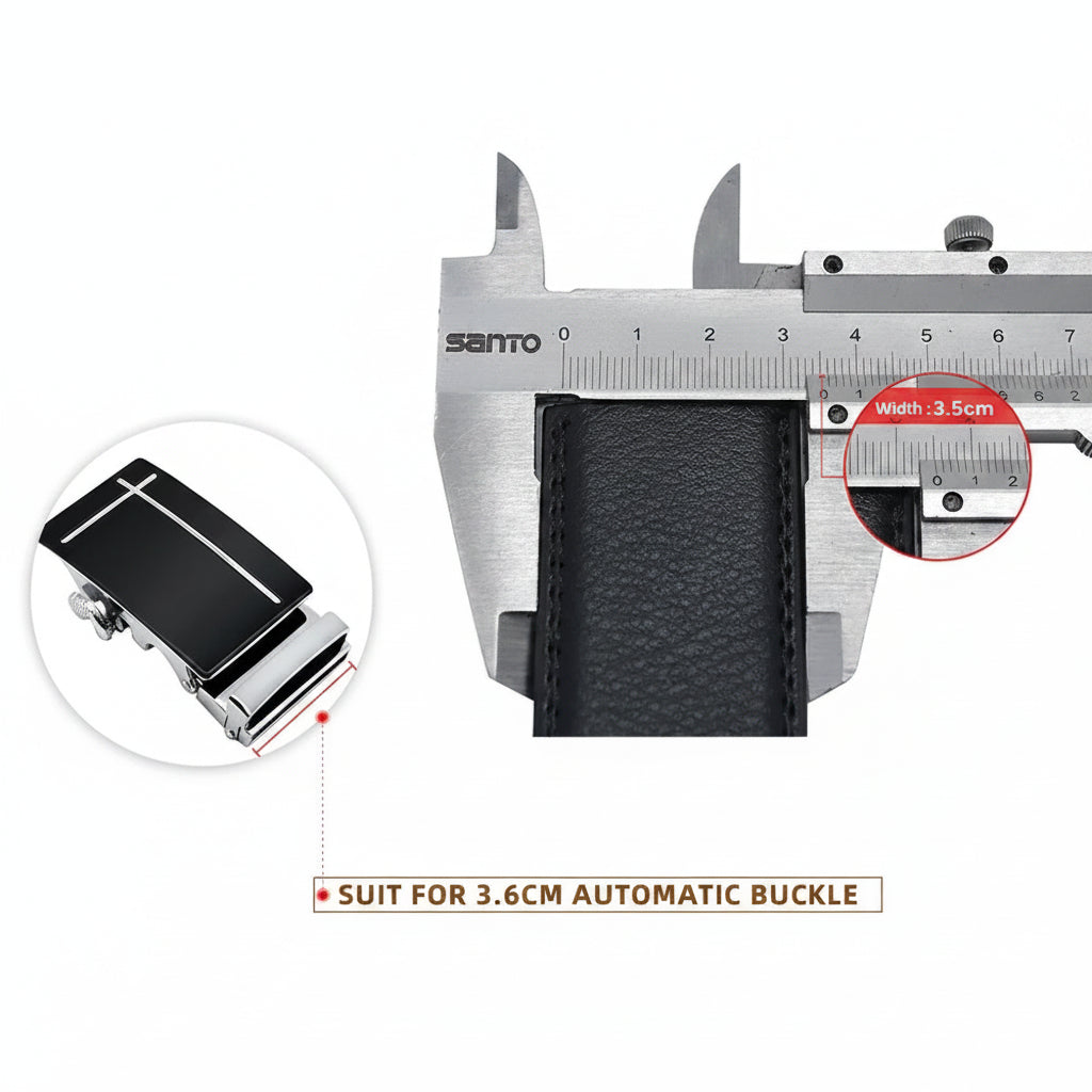 Black leather belt with 3.6cm automatic buckle being measured by a Santto caliper.