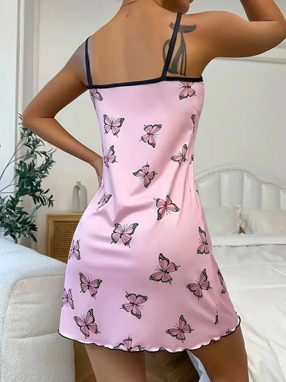 Womens Butterfly Print Nightdress Spaghetti Strap Summer Slip Nightie - QHA UK