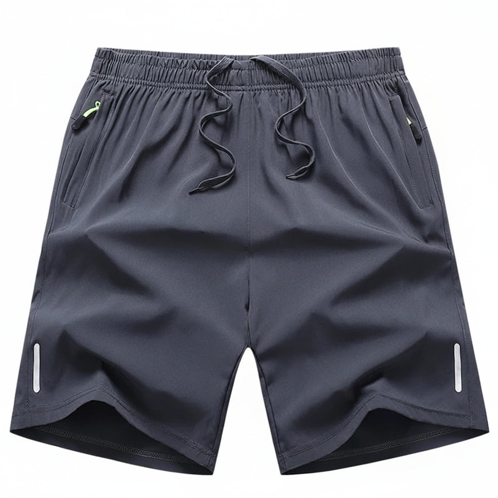 Gray shorts with drawstring on a white background, branded as MANTLCONX.