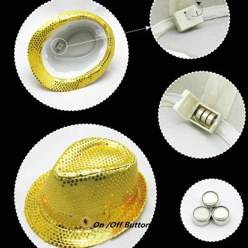 LED Sequin Fedora Hat & Glowing Necktie Set – Light-Up Festival & Party Accessories for Kids & Adults