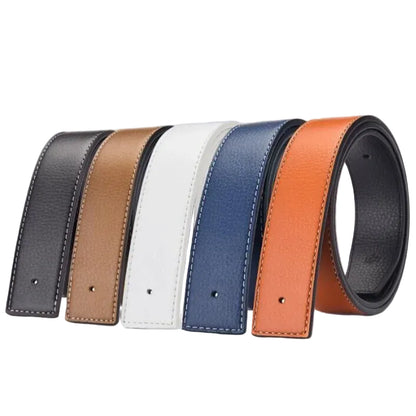 Set of five leather belts in different colors on a light gray background