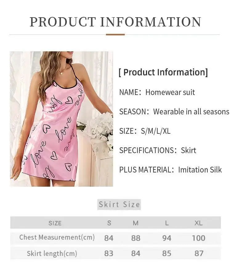 Womens Heart Print Nightdress Spaghetti Strap Casual Sleep Dress
