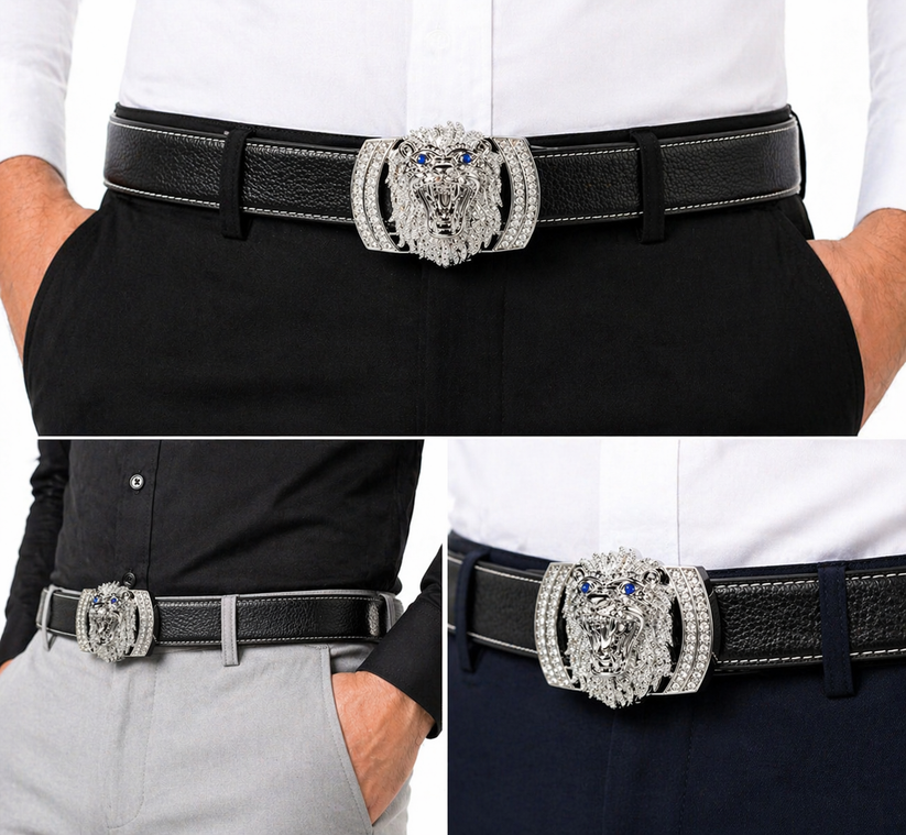 QHA Men's Designer Lion Buckle Leather Belt – 38mm, Statement Waist Belt Q3-01 - additional view 7