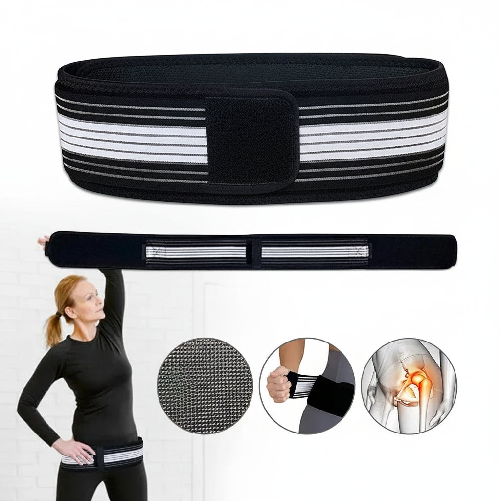 Black and white waist support belt with Salorie branding, shown on a white background.