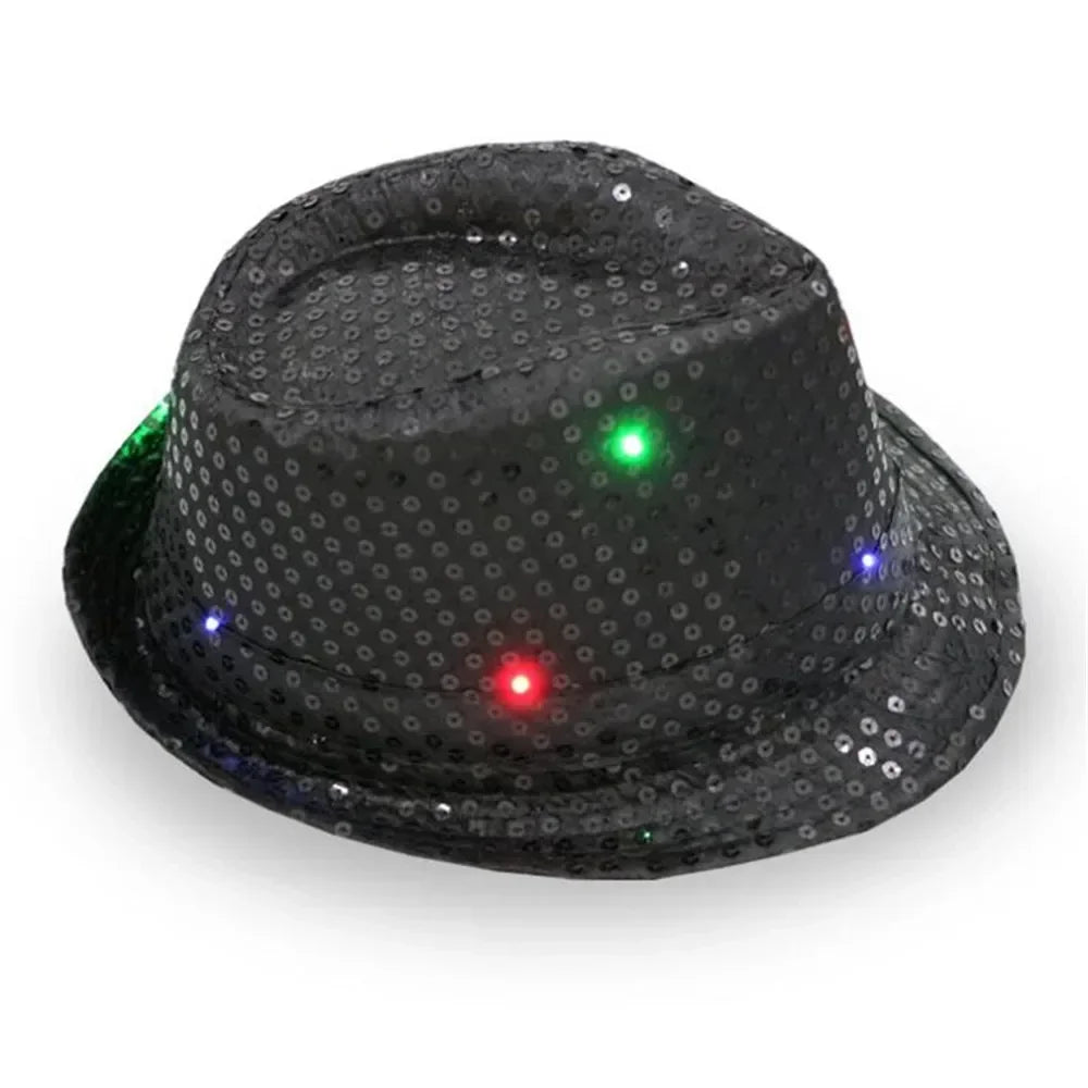 LED Sequin Fedora Hat & Glowing Necktie Set – Light-Up Festival & Party Accessories for Kids & Adults