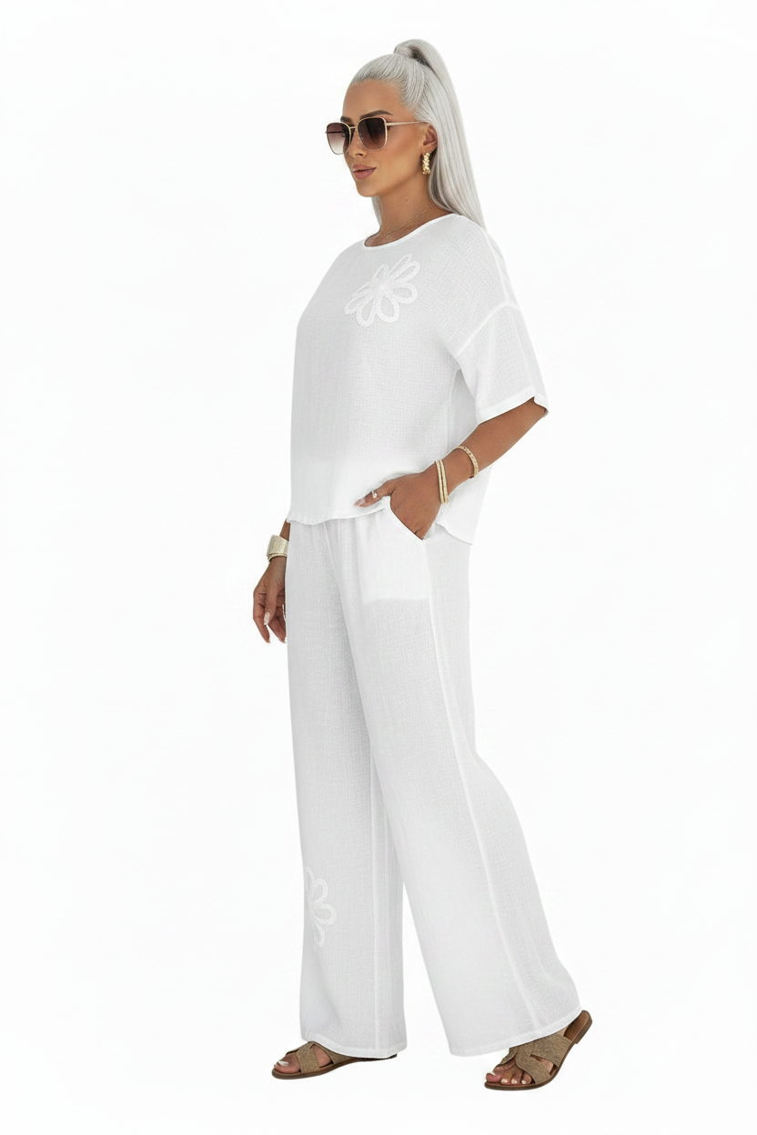 Womens Embroidered Linen Look Half Sleeve Top Wide Leg Pants 2-Piece Set 8-18