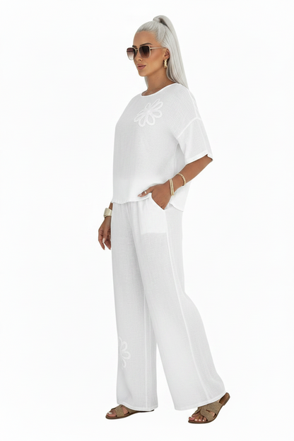 Womens Embroidered Linen Look Half Sleeve Top Wide Leg Pants 2-Piece Set 8-18