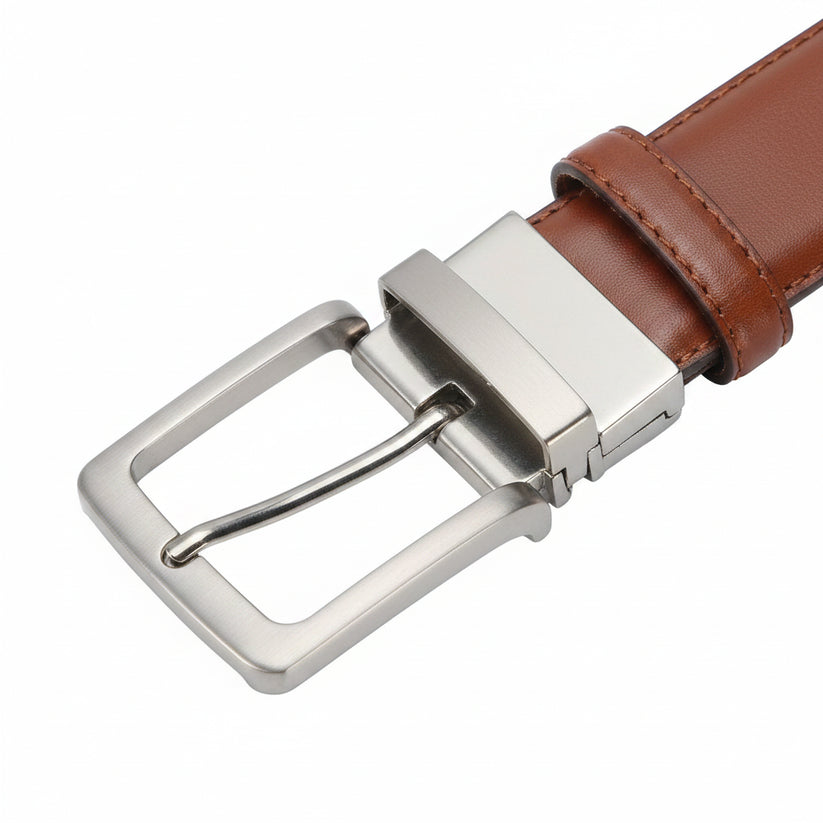 Brown leather belt with silver buckle on a white background