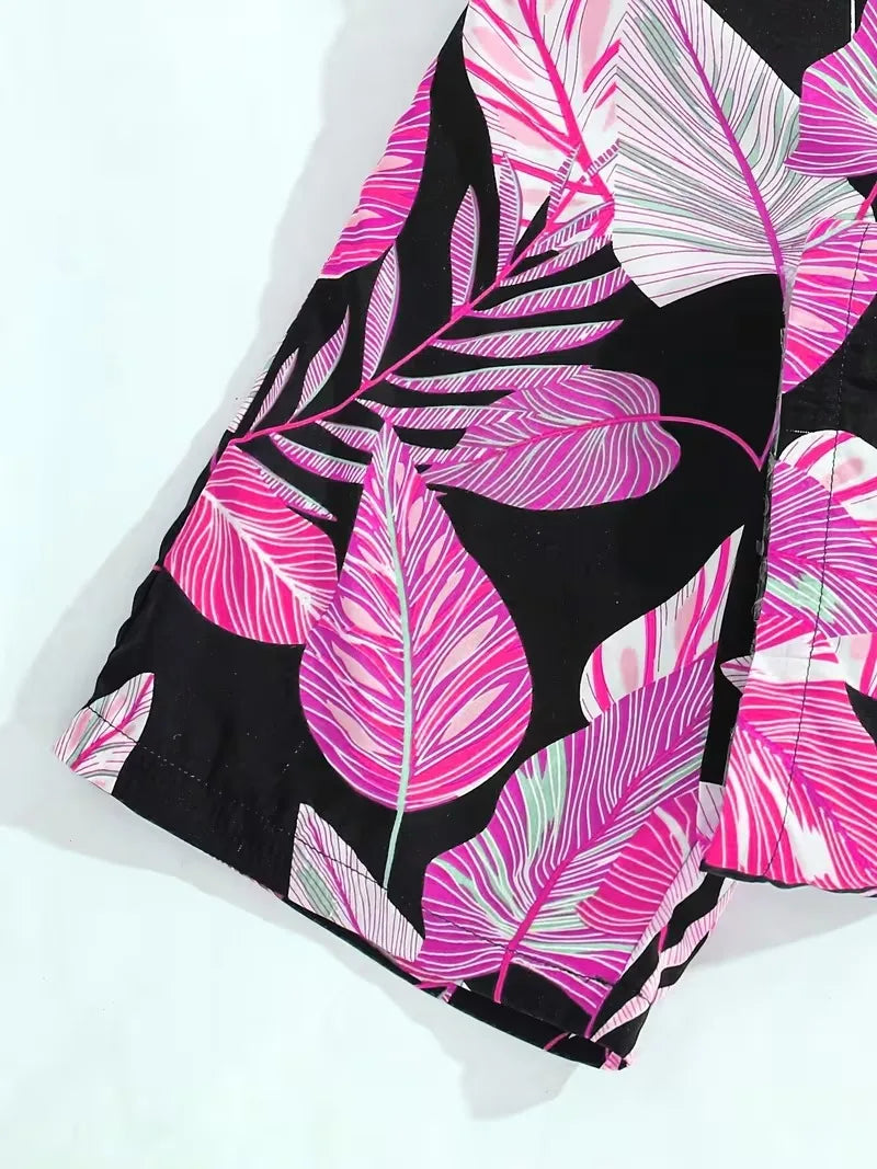 Girls Tropical Leaf Print Jumpsuit Black Sleeveless Wide Leg Summer