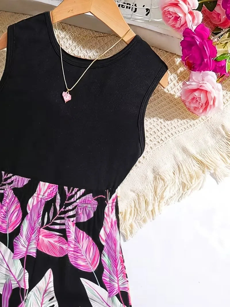 Girls Tropical Leaf Print Jumpsuit Black Sleeveless Wide Leg Summer