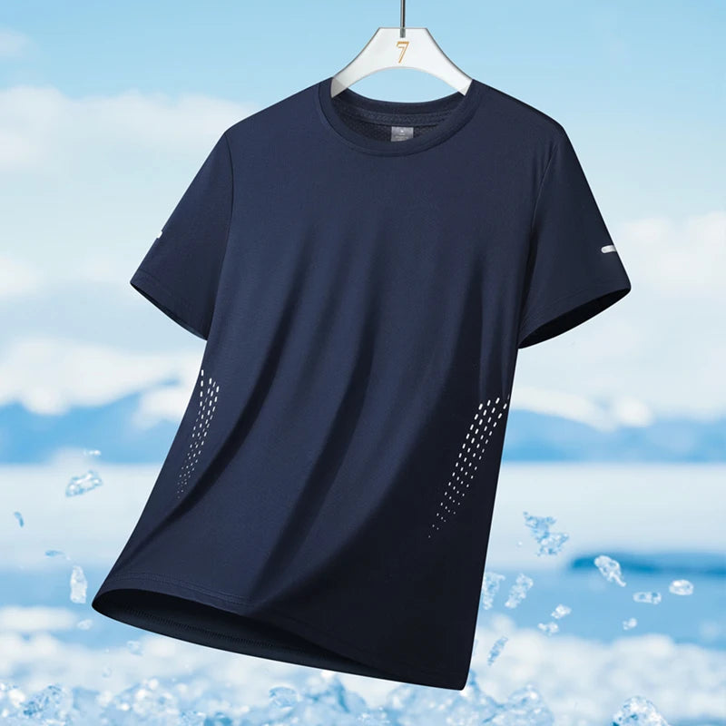 Mens Quick Dry Summer Running T-Shirt Ice Silk Breathable Reflective Gym Top