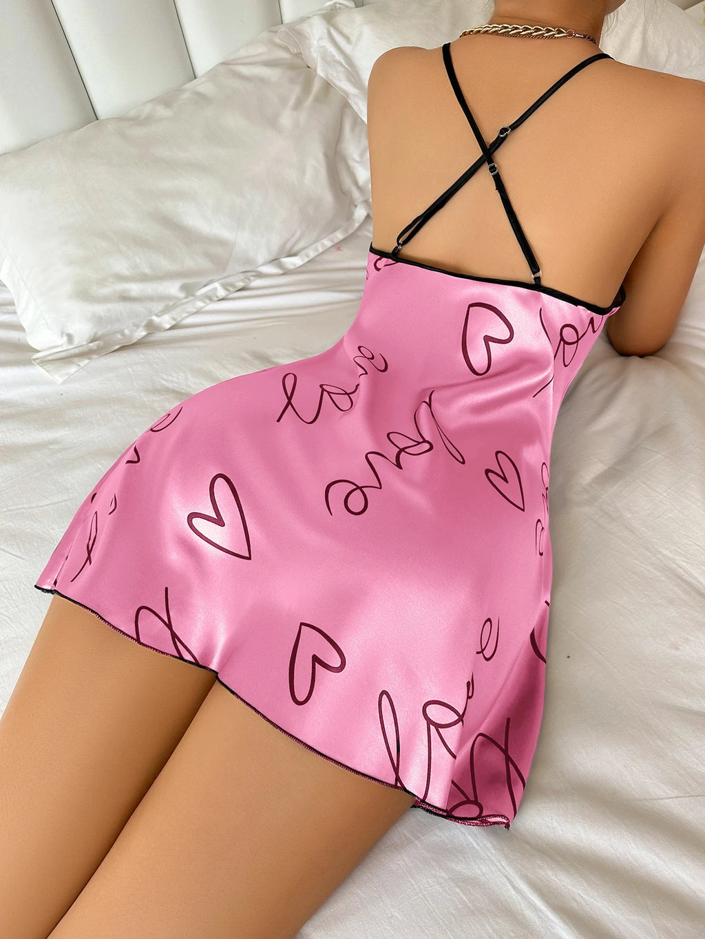 Womens Heart Print Nightdress Spaghetti Strap Casual Sleep Dress - QHA UK
