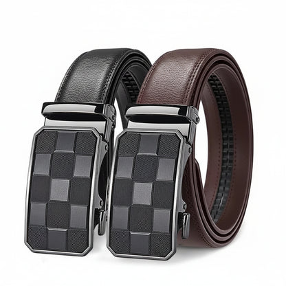 Two leather belts with black and brown options and matching buckles on a white background.
