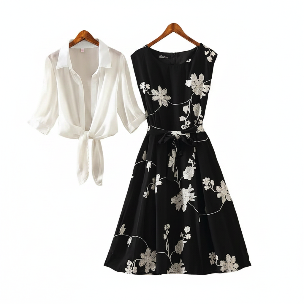 Black dress with floral embroidery and white blouse on hangers against a white background